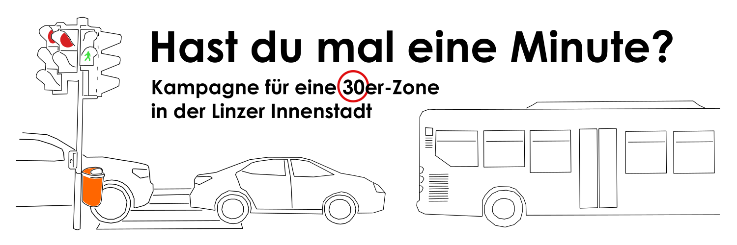 Logo der Kampagne „Hast du mal eine Minute?“ für eine Verkehrsberuhigung der Linzer Innenstadt